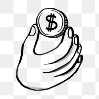 Hand holding coin png sticker, consumerism doodle, transparent background