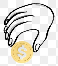 Hand holding coin png sticker, money savings doodle, transparent background