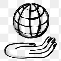 Hand presenting globe png, network doodle, transparent background