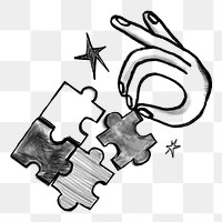 Hands solving puzzle png sticker, teamwork doodle, transparent background