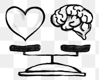 Work-life balance png sticker, heart brain scale doodle, transparent background