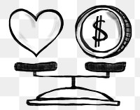 Heart and money png sticker, balance on scale, wellness doodle, transparent background