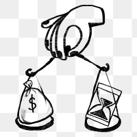 Valuable time doodle png, money bag and hourglass balance on scale, transparent background