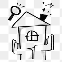 Property search png home, magnifying glass doodle, transparent background