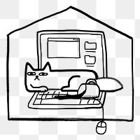 Cat sitting png laptop doodle, transparent background