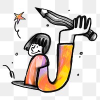 Creative woman png artist holding pencil doodle, transparent background