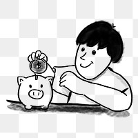 Png boy putting coin in piggy bank doodle, transparent background
