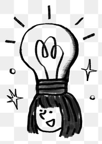 Light bulb png head woman, creative ideas doodle, transparent background