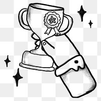 Hand holding trophy png sticker, success doodle, transparent background