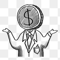 Money head businessman png sticker, investor doodle, transparent background