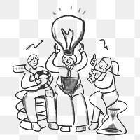 Colleagues brainstorming ideas png teamwork characters doodle, transparent background