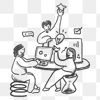 Colleagues brainstorming ideas png teamwork characters doodle, transparent background