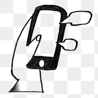 Hand holding smartphone png, social media doodle, transparent background