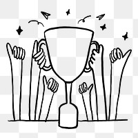 Hands holding trophy png sticker, teamwork success doodle, transparent background