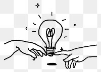 Fingers touching png light bulb, innovative ideas doodle, transparent background