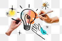 Colleagues brainstorming ideas png colorful light bulb mixed media, transparent background