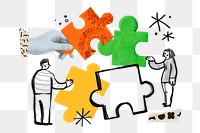 People solving puzzle png sticker, teamwork doodle, transparent background