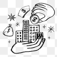 Png hand presenting money buildings, real estate investing doodle, transparent background