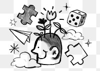 Creative mind png sticker, head growing flower doodle, transparent background