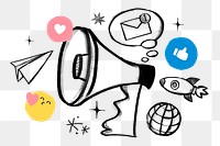 Digital marketing doodle png sticker, megaphone and rocket, transparent background