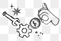 Hand paying cogwheel png sticker, business doodle, transparent background