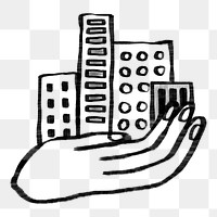 Hand presenting png buildings doodle, transparent background