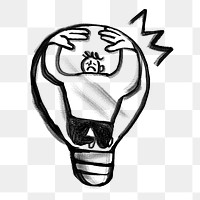 Creative block png man stuck in light bulb doodle, transparent background