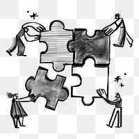 People solving puzzle png sticker, teamwork doodle, transparent background