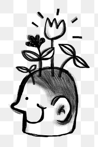 Head growing flowers png sticker, self-growth doodle, transparent background