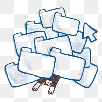 Work overload doodle png sticker, man buried in folders, transparent background