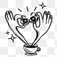 Coffee addict doodle png sticker, hand holding eyes, transparent background