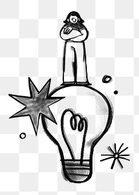 Woman standing png light bulb, creative ideas doodle, transparent background