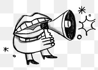 Lips speaking to megaphone png, announcement doodle, transparent background