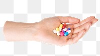 Vitamin pills png sticker in hand, transparent background