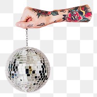 Png hand holding mirror ball sticker, transparent background