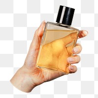 Png hand holding perfume bottle sticker, transparent background