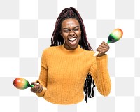 Png woman shaking maracas sticker, transparent background