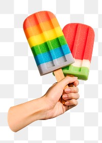 Png hand with ice pops sticker, transparent background