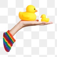 Png ducks on hand sticker, transparent background