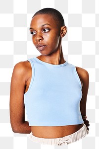 Png skinhead black woman sticker, blue top, transparent background