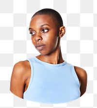 Png skinhead black woman sticker, blue top, transparent background