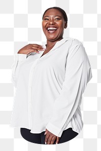 Png cheerful plus-size woman sticker, transparent background