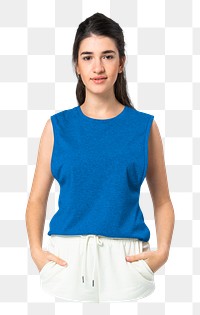 Png woman in blue top sticker, transparent background