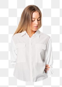 Png woman in white shirt sticker, transparent background