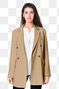 Woman png mockup in beige coat outerwear winter apparel rear view