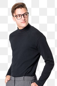 Turtleneck png shirt mockup in black with slacks men&rsquo;s casual business wear