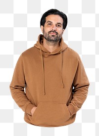 Png man in brown hoodie sticker, transparent background