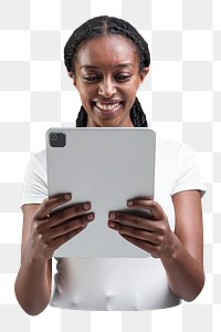 Png woman holding tablet sticker, transparent background