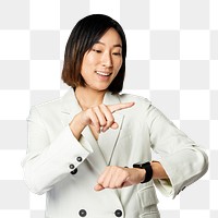 Businesswoman using smartwatch png mockup wearable gadget