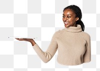 Png woman holding tablet sticker, transparent background